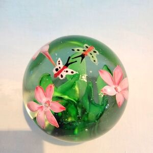 GORGEOUS PAPERWEIGHT. ALL HAND BLOWN, FLOWERS, AND BUTTERFLY.